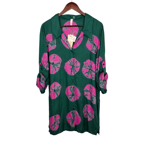 Elan Sand Dollar Button Down in Pink/Green - Picture 2 of 10
